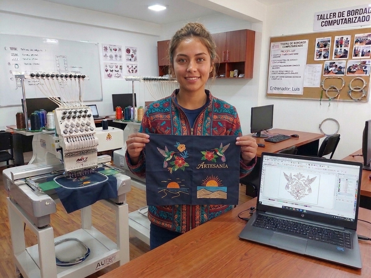Alumna mostrando un proyecto artesanal bordado