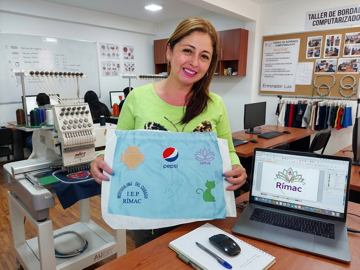 Alumna mostrando matrices de bordado terminadas junto a una máquina bordadora
