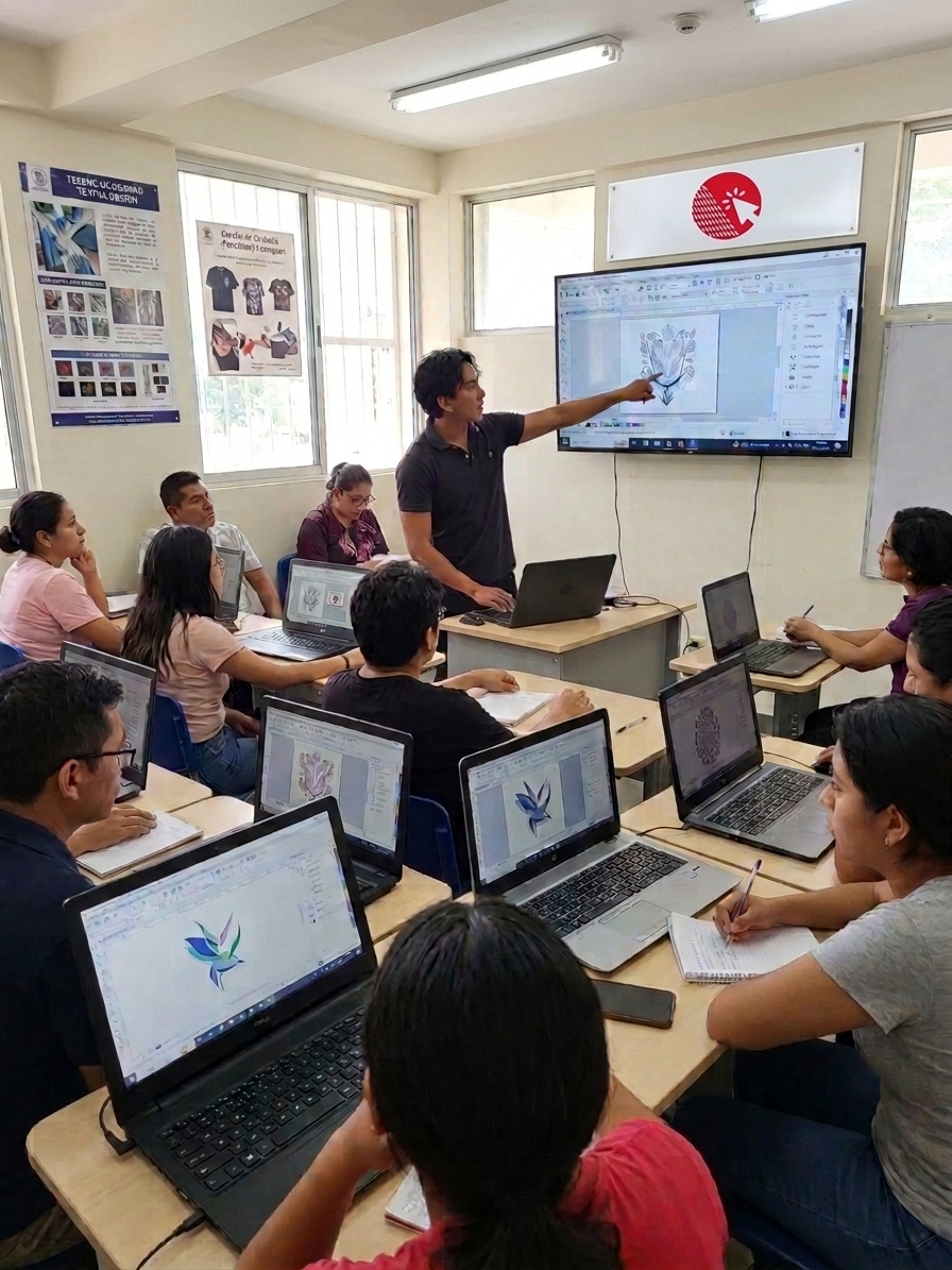 Grupo de alumnos aprendiendo digitalización de bordados